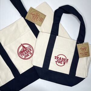 LOT Set of 2 —Trader Joe’s Logo Canvas Tote Bag Mini + Full Size BLUE — NEW NWT!